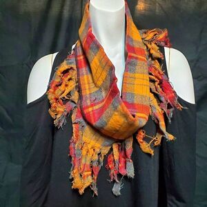 Yellow, Red, & Gray Plaid Fringe Infinity Scarf